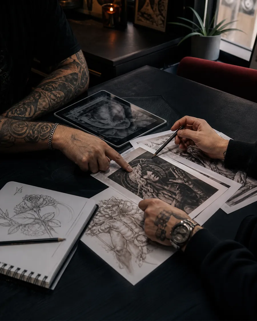 Conversa e seleção de referências para uma nova tatuagem